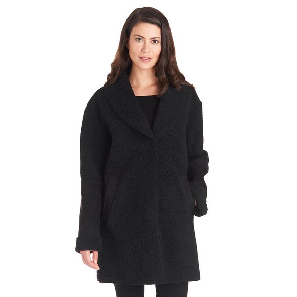 Kensie Fleet Street Faux Shearling Suede Shawl Collar Pea Coat Black Overcoat XL - Picture 1 of 6